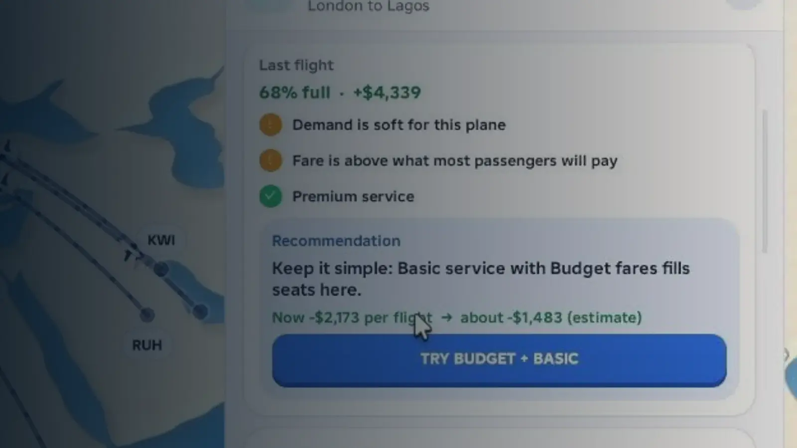 Route economics panel with fare tiers and service price